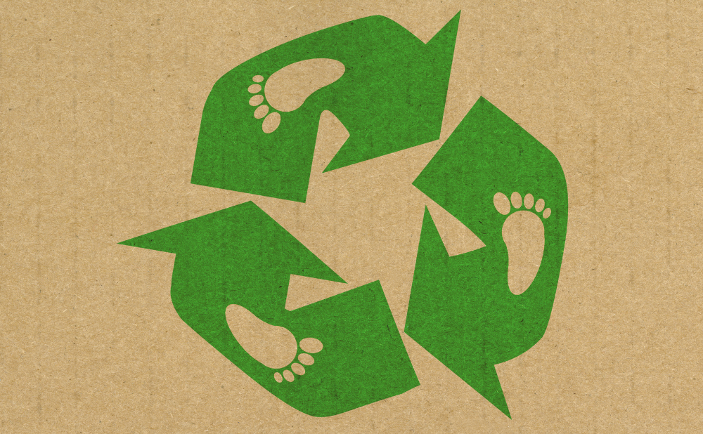 recycling icon made up of 3 green arrows in circular design with footprint in each arrow